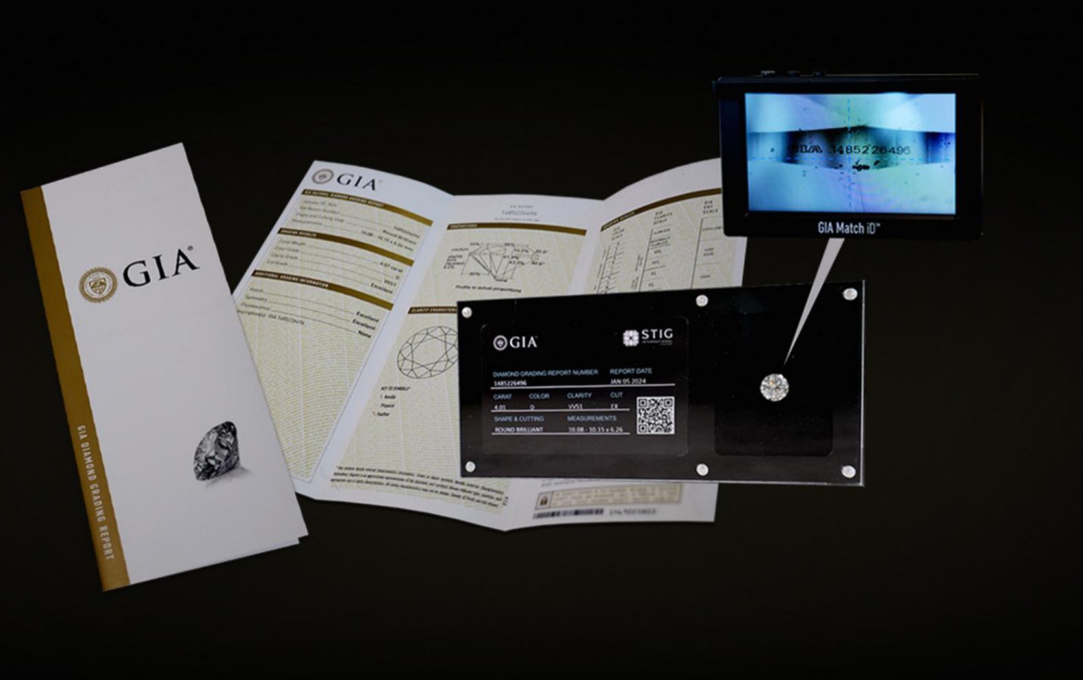 GIA Diamond Grading Report mit versiegeltem Brillanten und GIA Match iD